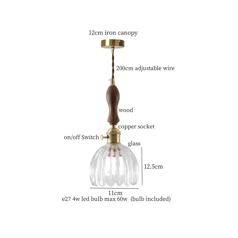 Decorbites amber glass led hanging lamp with faceted glass pendant, wooden handle, and brass accents for loft bar lighting