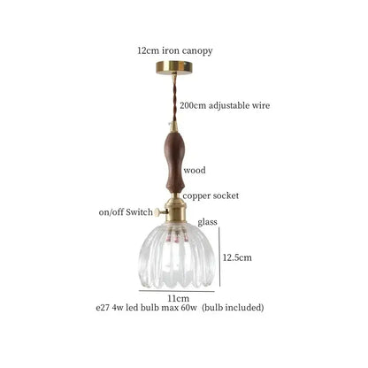 Decorbites amber glass led hanging lamp with faceted glass pendant, wooden handle, and brass accents for loft bar lighting