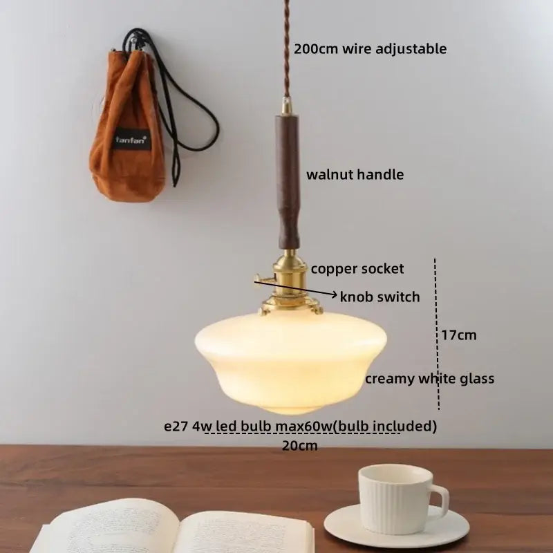 Decorbites amber glass led pendant lamp with warm creamy white glass, walnut handle, and copper brass socket for home decor