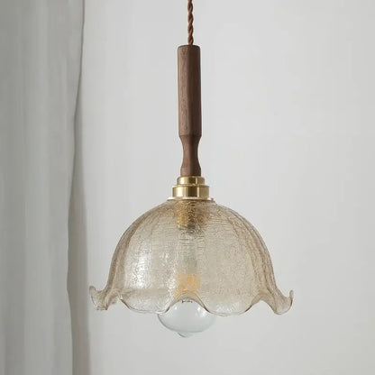 DecorBites amber glass led pendant lamp with translucent crackled glass, warm amber hue, and copper walnut fittings
