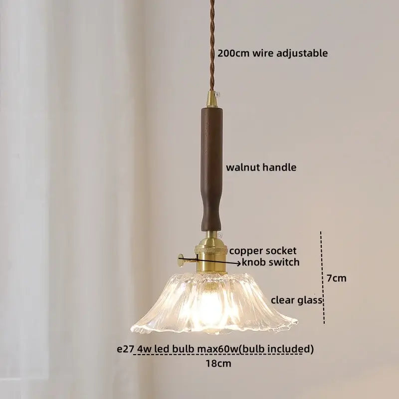 Decorbites amber glass led pendant lamp with walnut handle, copper socket, and clear glass shade for home decor