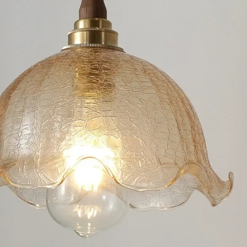 Decorbites amber glass led pendant lamp with warm amber glass crackled texture and brass-finished fixture
