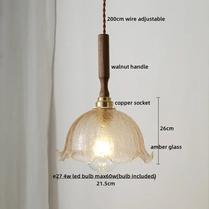 DecorBites amber glass led pendant lamp with textured petal-shaped shade and dark walnut handle for home decor