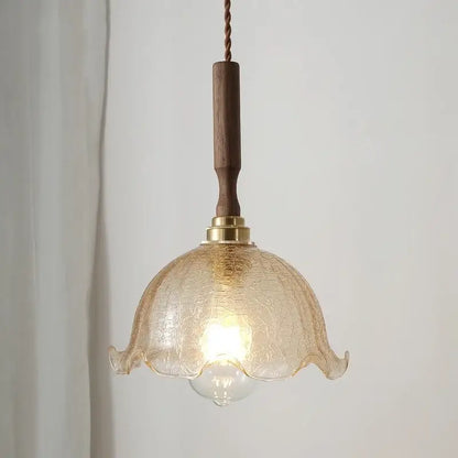 DecorBites amber glass led pendant lamp with warm crackled glass, wooden handle, and brass accents for home decor
