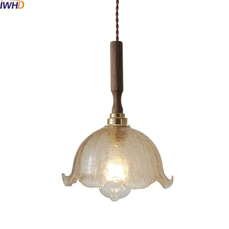 Decorbites amber glass led pendant lamp with warm textured glass, wooden handle, and brass accents for home decor