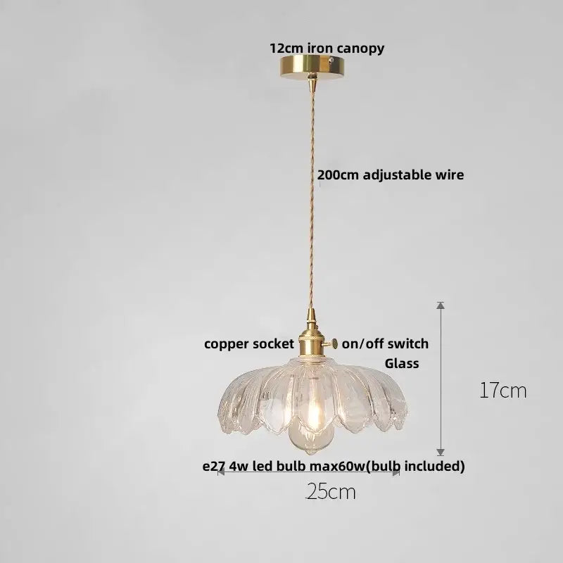 DecorBites amber glass led pendant lamp with fluted petal design and brass-toned metal accents in modern nordic style