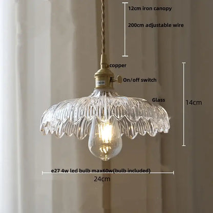 Decorbites amber glass led pendant lamp with clear scalloped glass and brass copper fixture, adjustable wire suspension