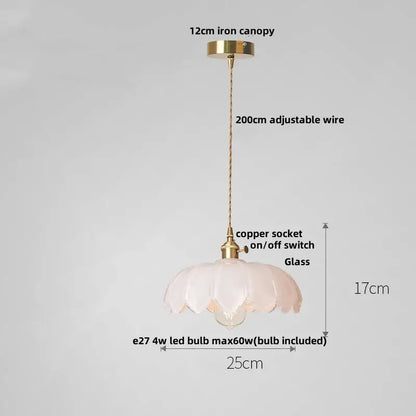 Decorbites™ amber glass led pendant lamp with delicate translucent pink fluted glass and brass-toned hardware