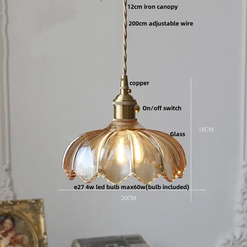 DecorBites™ amber glass led pendant lamp with brass-finished copper fixture and amber petal-shaped glass shade