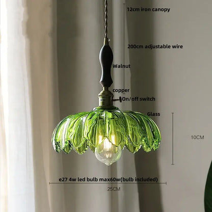 Decorbites amber glass led pendant lamp with green glass shade walnut-finished iron canopy and copper switch