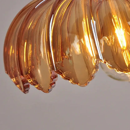 DecorBites™ amber glass led pendant lamp with hand-blown scalloped petal design in amber glass material