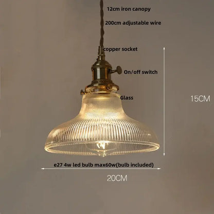 Vintage-style decorbites amber glass led pendant lamp with ribbed glass shade brass finish and adjustable iron canopy