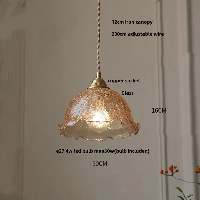 Decorbites™ amber glass led pendant lamp with textured warm-toned glass, walnut wood, copper socket, and adjustable iron canopy
