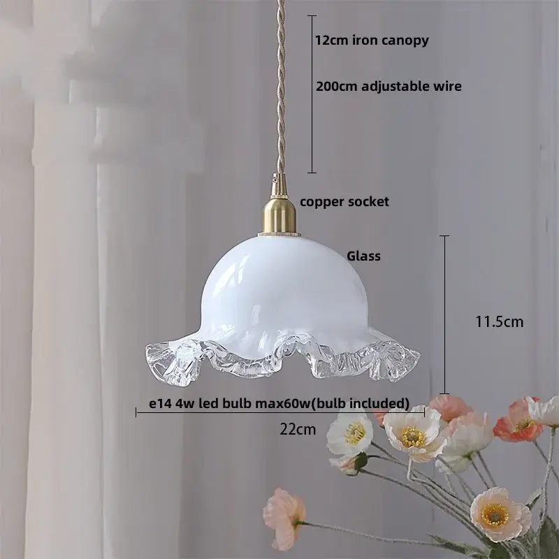 Decorbites amber glass led pendant lamp featuring a white glass pendant light with ruffled translucent crystal edge and brass accents