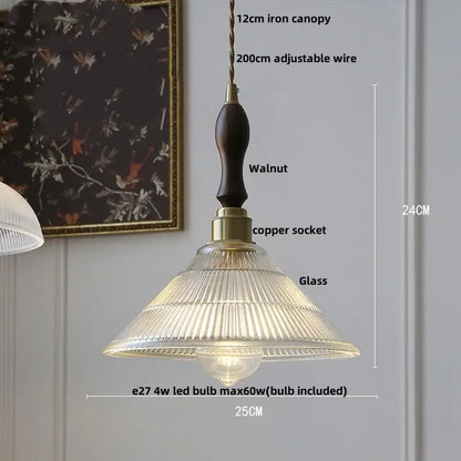 DecorBites amber glass led pendant lamp with ribbed clear glass shade walnut wood handle and copper socket hanging light