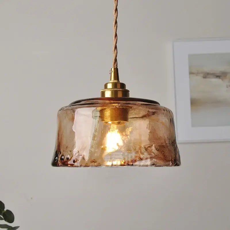 DecorBites amber glass led pendant lamp with warm amber textured glass and brass fixture for dining room and kitchen
