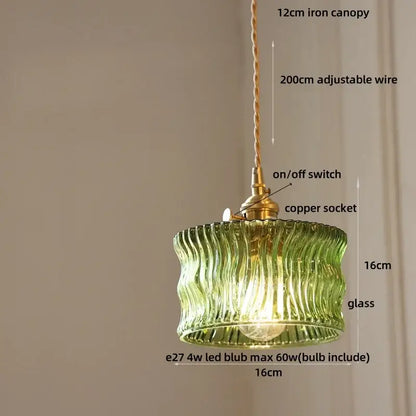 Decorbites amber glass led pendant light with green ribbed glass, brass accents, and copper socket for modern lighting