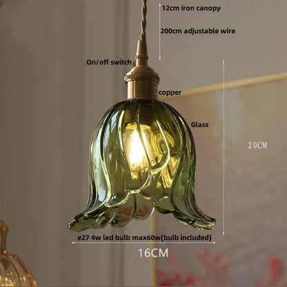 Decorbites™ green glass led pendant light with copper iron canopy and adjustable wire in tulip shape for modern lighting