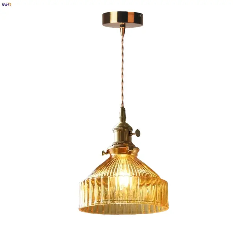 DecorBites amber glass led pendant light with ribbed amber glass shade and twisted copper chain for modern home lighting