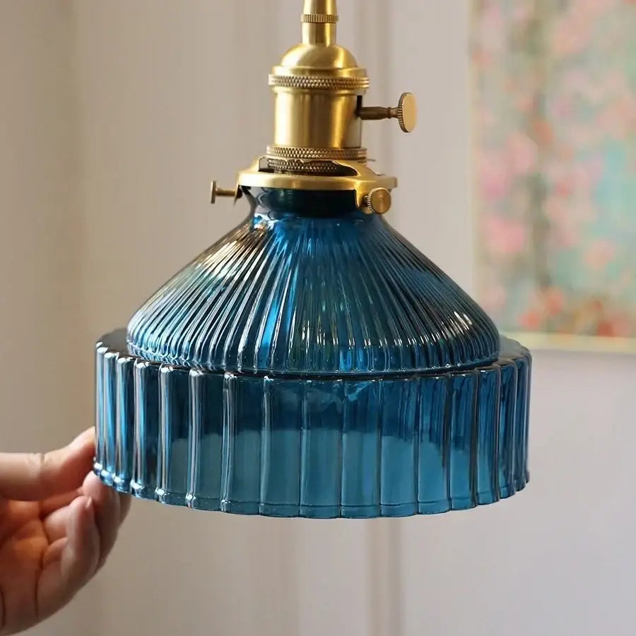 DecorBites™ blue ribbed glass pendant light with brass fixture modern glass led pendant for home lighting