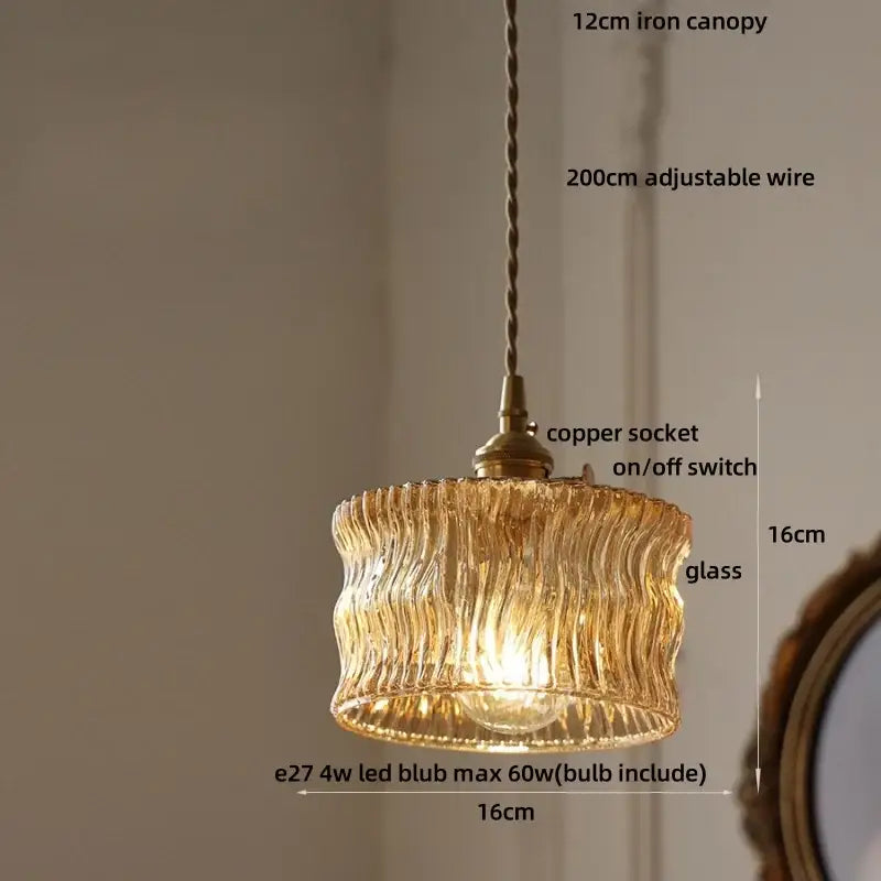 DecorBites amber glass led pendant light with textured wavy design iron canopy warm-toned modern home lighting