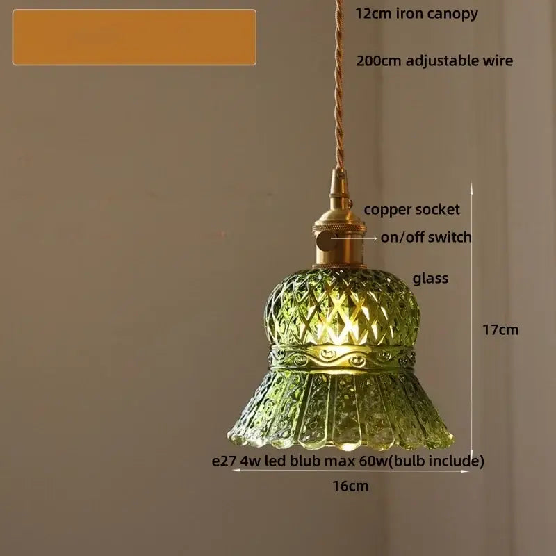 DecorBites amber glass led pendant light fixture with green patterned glass and brass copper socket for modern home lighting