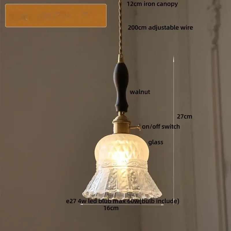 DecorBites™ amber glass led pendant light with textured frosted glass shade and dark walnut wood handle for modern home lighting