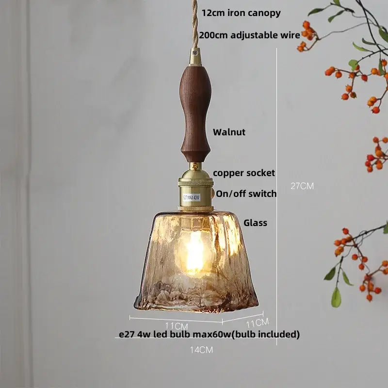 DecorBites amber glass pendant light with warm amber textured glass, walnut handle, and brass hardware light fixture
