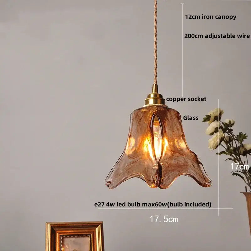 DecorBites amber glass pendant light with warm amber hand-blown glass, copper socket, and iron canopy light fixture