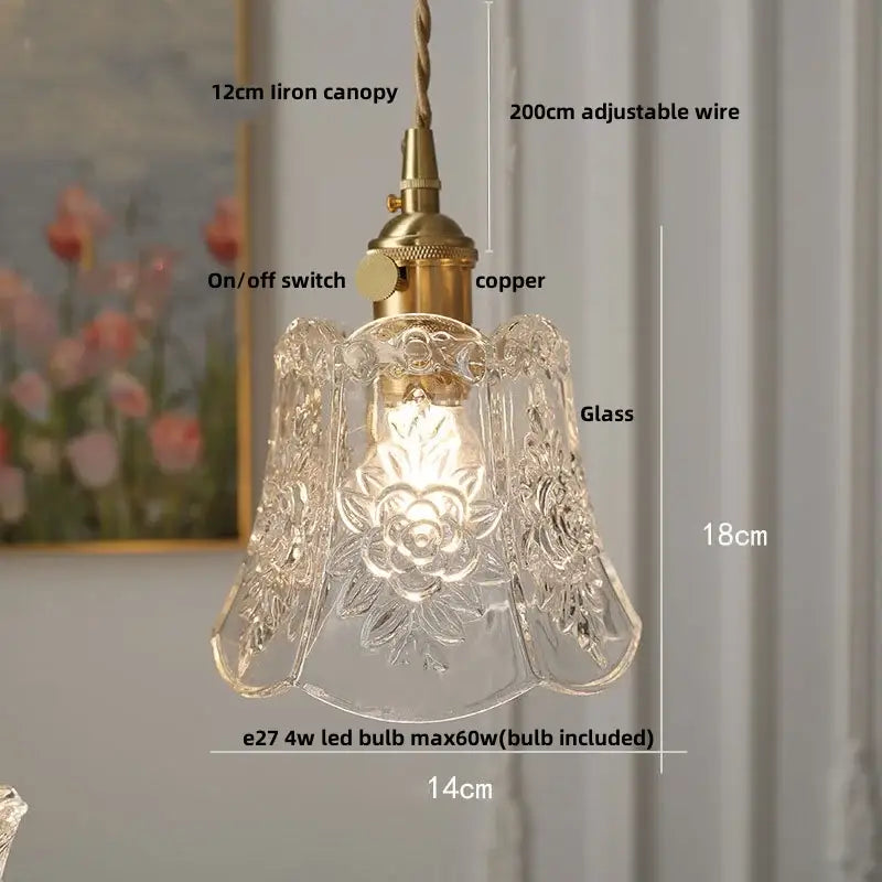 Decorbites amber glass pendant light fixture with clear etched floral glass, brass copper hardware, and 12cm iron canopy