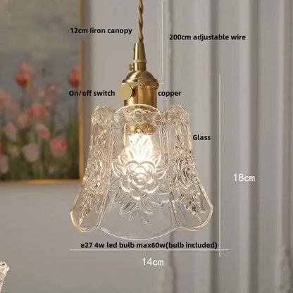 Decorbites amber glass pendant light fixture with clear etched floral glass, brass copper hardware, and 12cm iron canopy