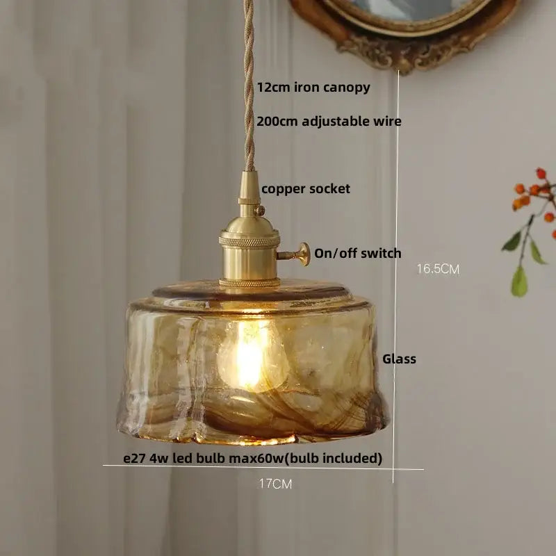 DecorBites amber glass pendant light fixture with warm amber glass, brass-finished copper socket, and adjustable iron canopy