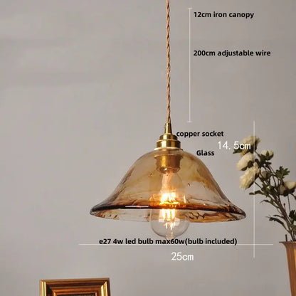 Decorbites amber glass pendant light fixture with warm amber glass shade and brass-finished copper socket vintage style