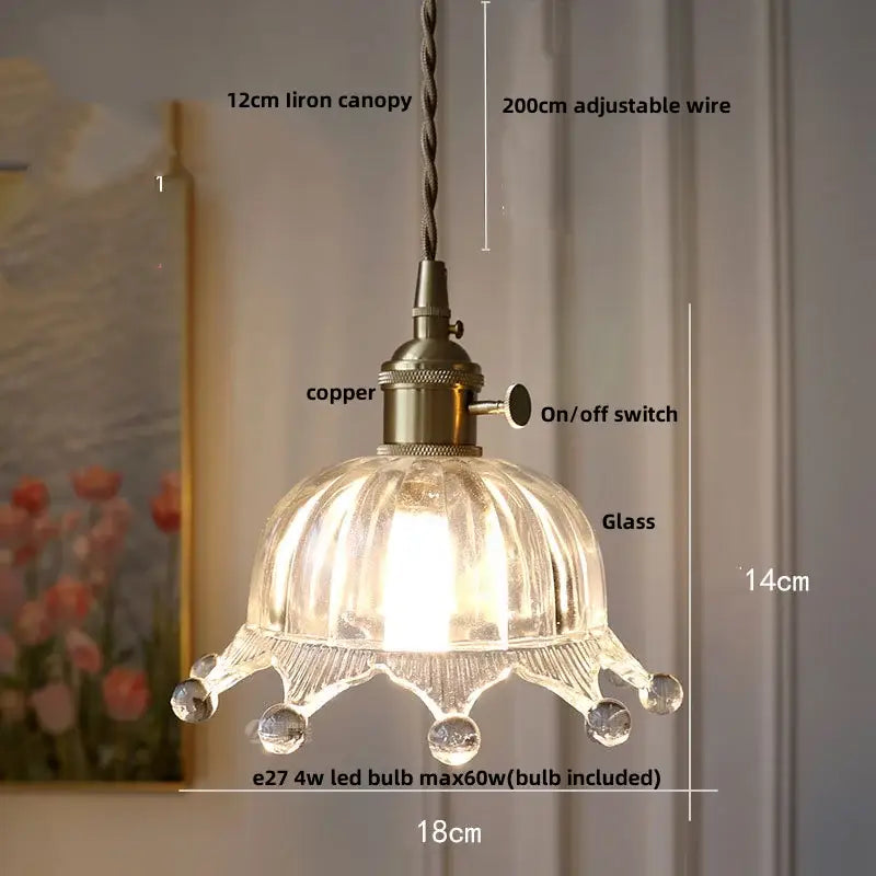 DecorBites amber glass pendant light fixture with fluted crown design and crystal accents vintage copper hanging lamp