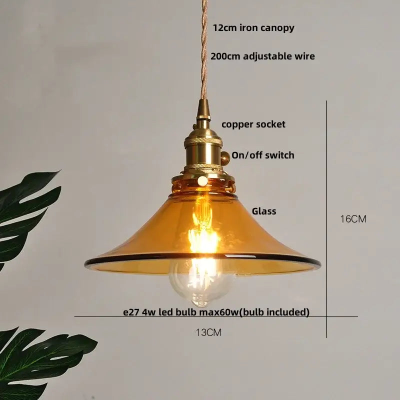 Decorbites amber glass pendant light fixture with amber glass shade brass copper socket and adjustable wire suspension