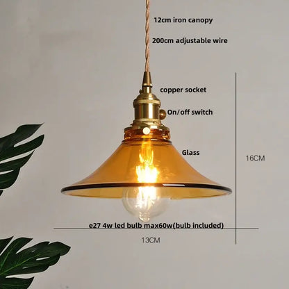 Decorbites amber glass pendant light fixture with amber glass shade brass copper socket and adjustable wire suspension