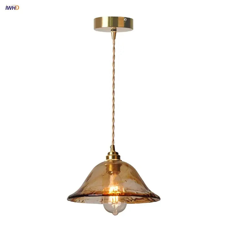 DecorBites amber glass pendant light fixture with warm amber glass shade brass ceiling mount and twisted cord