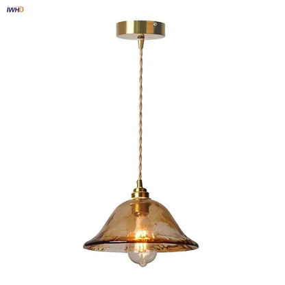 DecorBites amber glass pendant light fixture with warm amber glass shade brass ceiling mount and twisted cord