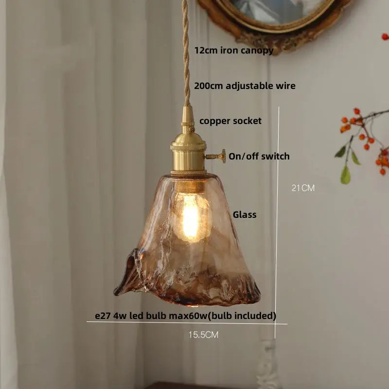 DecorBites amber glass pendant light fixture with warm-toned textured glass and brass-finished copper socket suspension