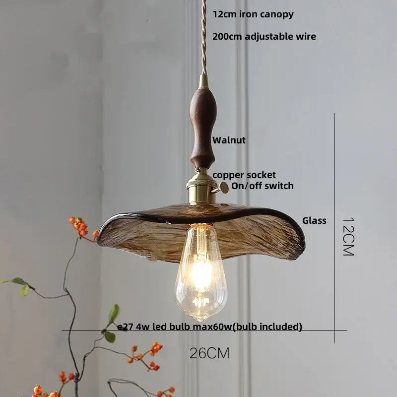 DecorBites amber glass pendant light with dark walnut wooden canopy amber textured glass shade and copper socket switch