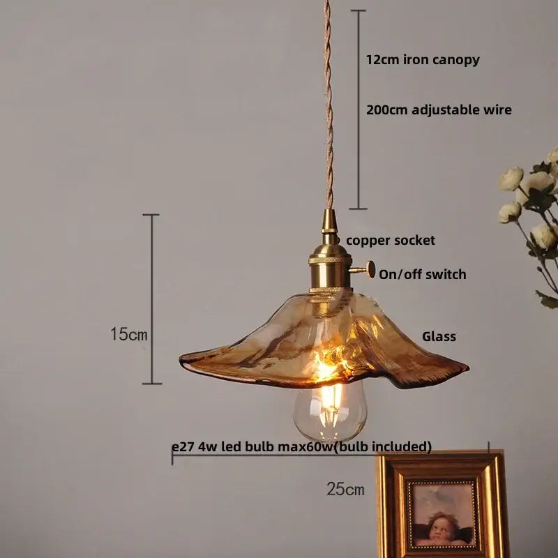 Decorbites amber glass pendant light fixture with warm amber glass shade brass copper socket and twisted iron canopy
