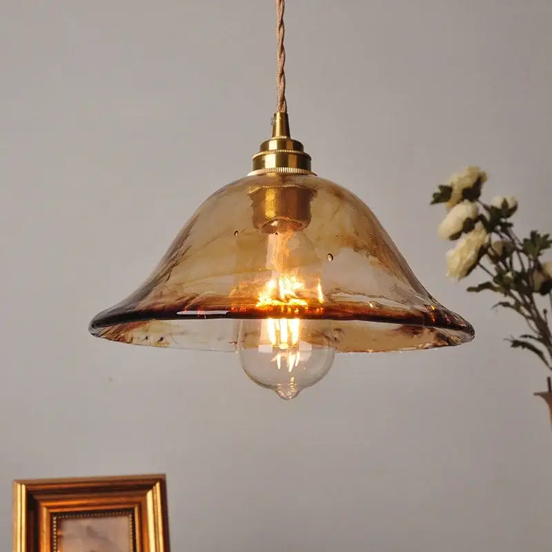 DecorBites amber glass pendant light with warm amber glass shade brass fixture and twisted cord vintage style E27 lamp