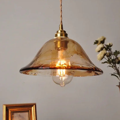 DecorBites amber glass pendant light with warm amber glass shade brass fixture and twisted cord vintage style E27 lamp