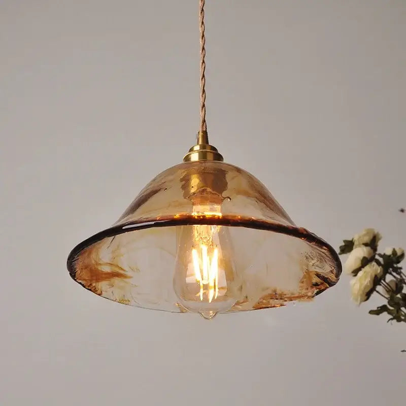 DecorBites amber glass pendant light with warm amber glass shade brass fixture and twisted cord vintage E27 copper lamp