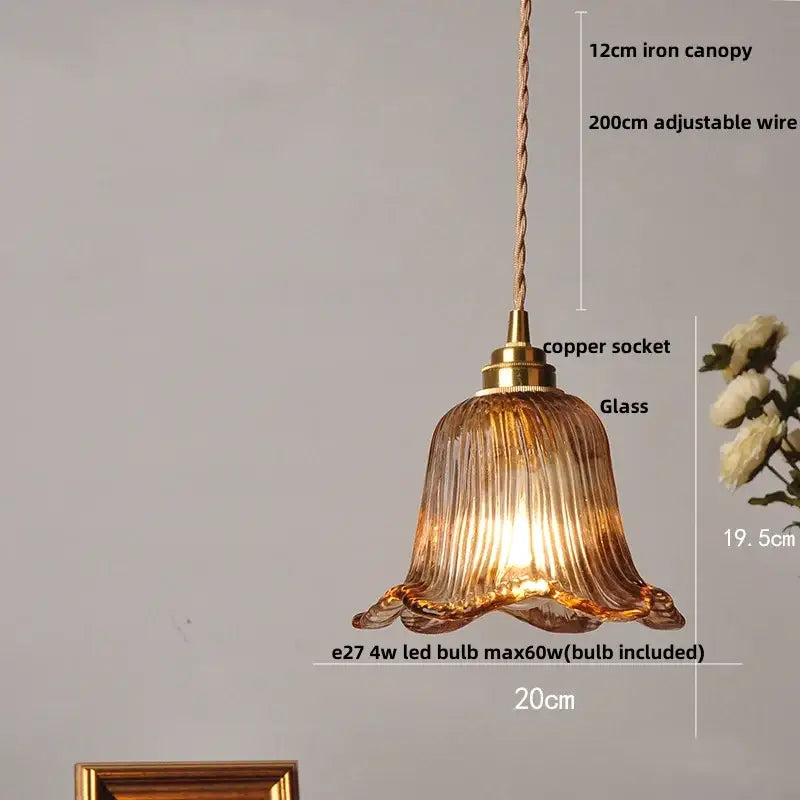 DecorBites amber glass pendant light fixture with warm amber fluted glass and brass accents vintage E27 copper lamp
