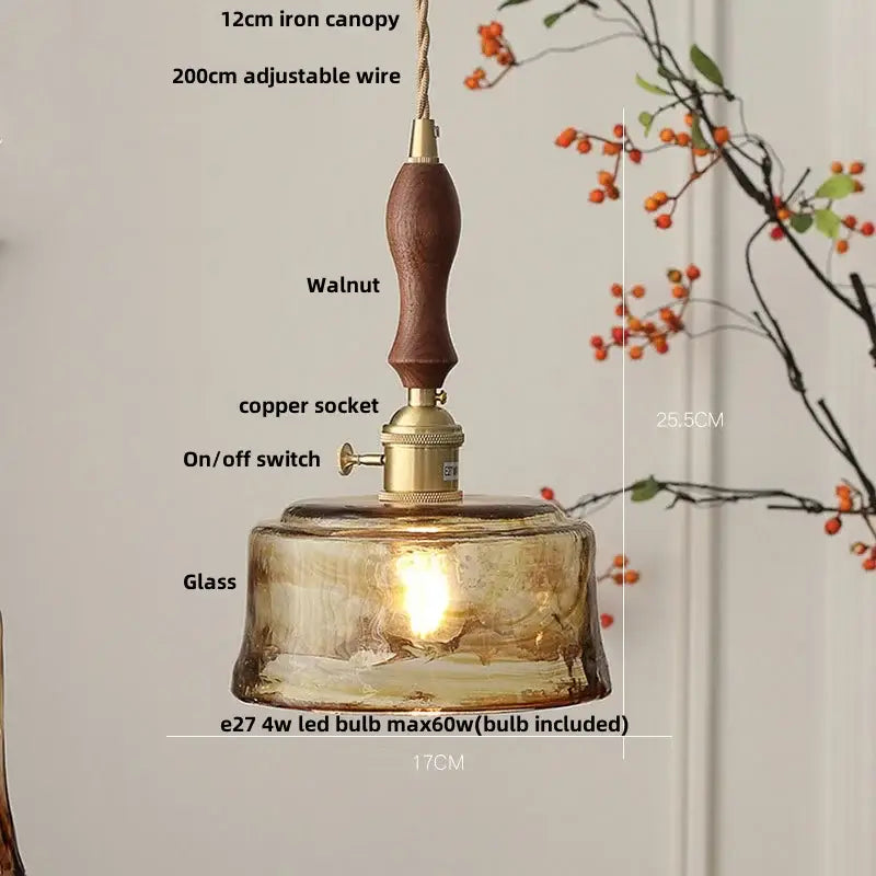 DecorBites amber glass pendant light fixture with warm amber glass, walnut wooden handle, and brass accents vintage style