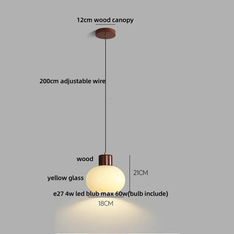 Decorbites amber glass led pendant light with warm yellow glass and wooden canopy for rustic kitchen cafe lighting