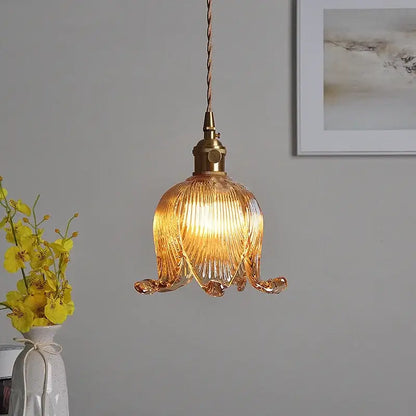 DecorBites amber glass led pendant light with warm amber ribbed glass and brass hardware for modern copper decor