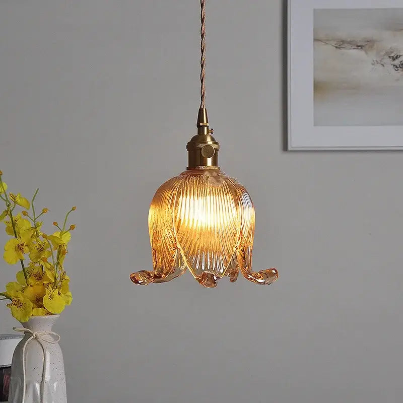 DecorBites amber glass led pendant light with warm amber ribbed glass and brass hardware for modern copper decor