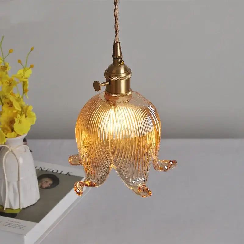 Decorbites amber glass led pendant light with warm amber glass textured ribbed design and brass-finished fixture